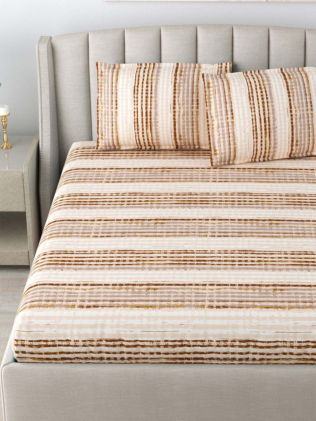 DREAM WEAVERZ Beige & Brown Striped Pure Cotton 220 TC King Bedsheet With 2 Pillow Covers
