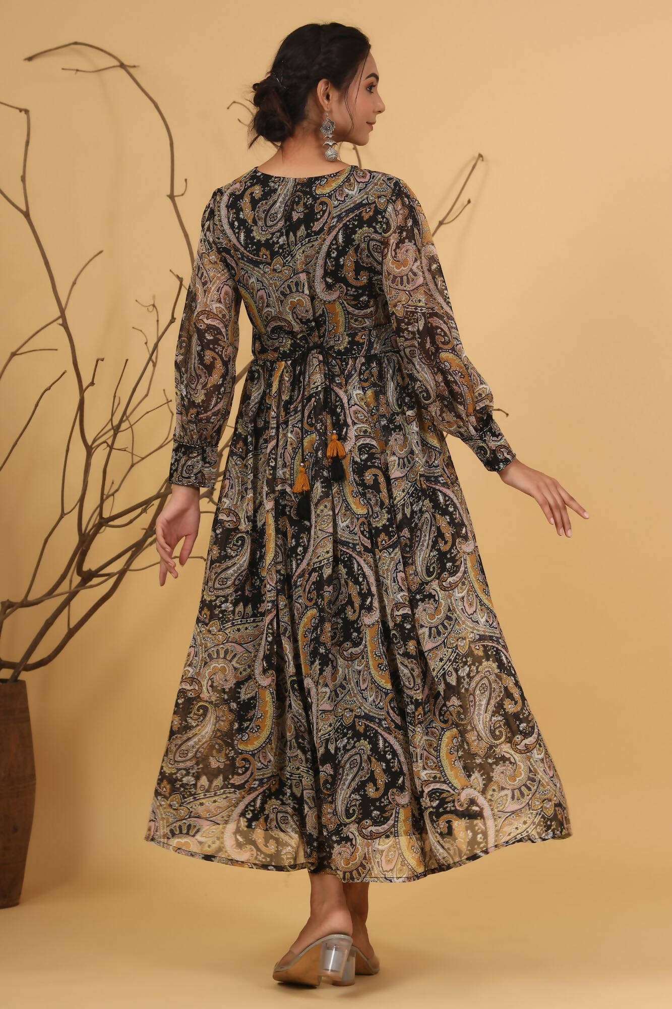 Juniper Women Black Chiffon Printed Flared Dress