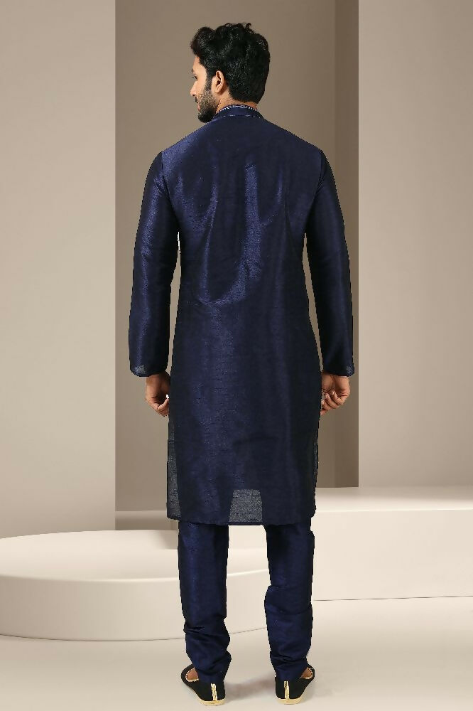 Raivat Ethnic Banarasi Art Silk Mirror Work Kurta Pajama In Navy Blue Colour