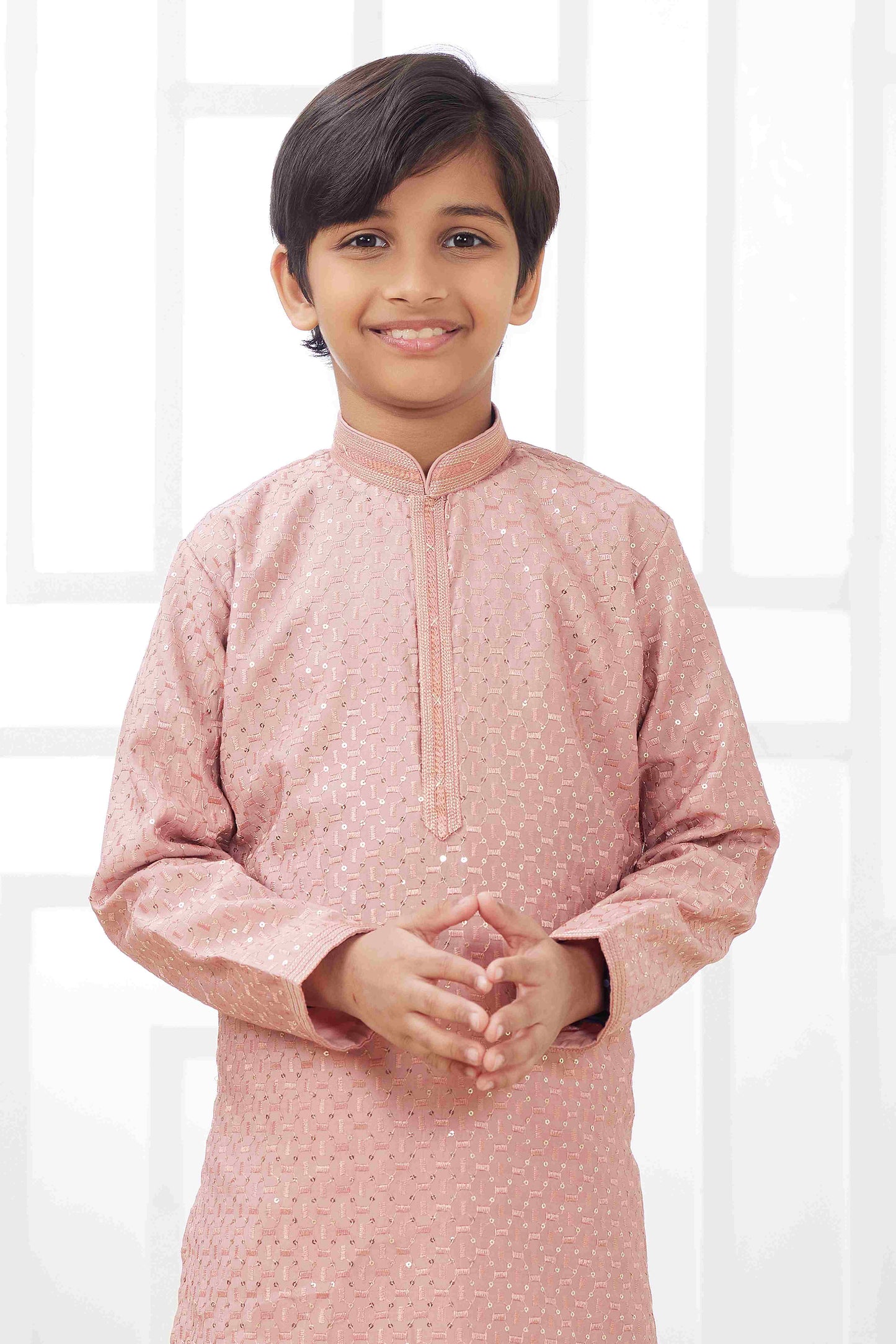 Raivat Ethnic Art Silk Embroidery Work Kids Kurta Pajama In Peach Colour