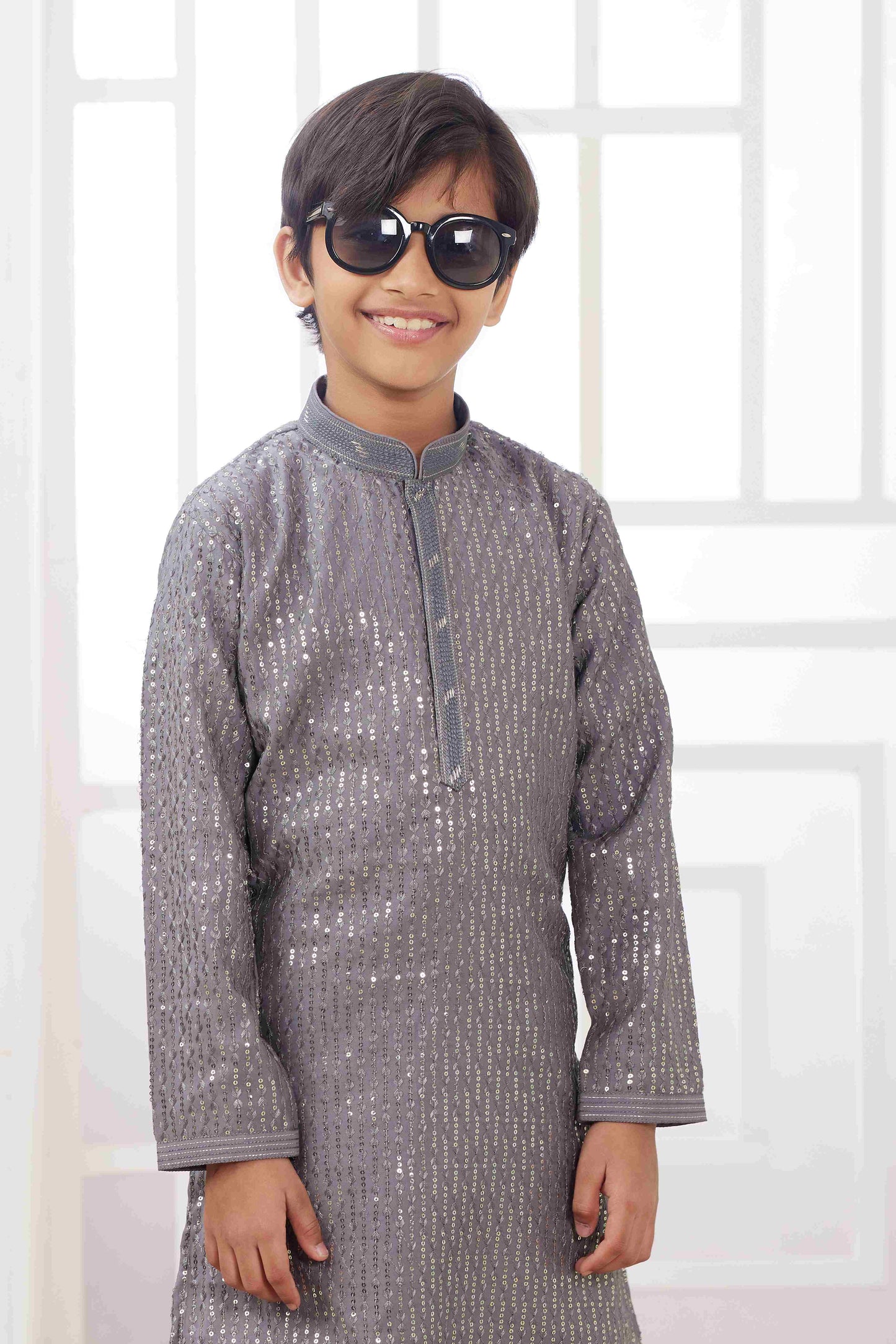 Raivat Ethnic Art Silk Embroidery Work Kids Kurta Pajama In Grey Colour