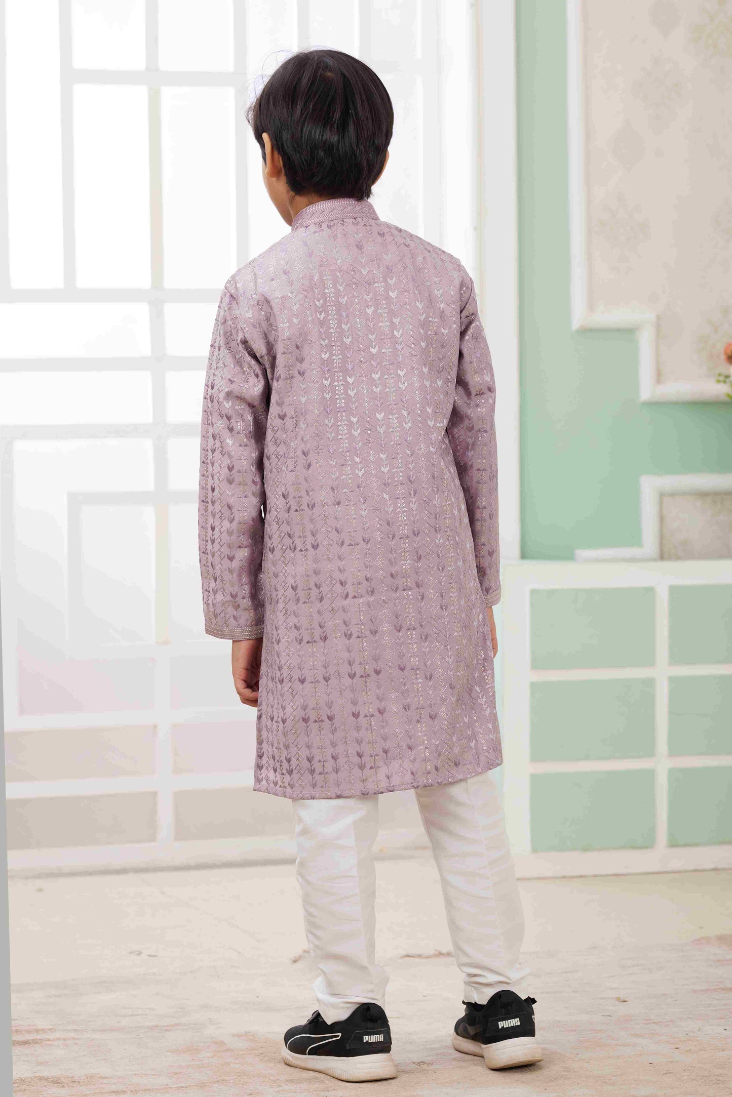 Raivat Ethnic Art Silk Embroidery Work Kids Kurta Pajama In Lilac Colour