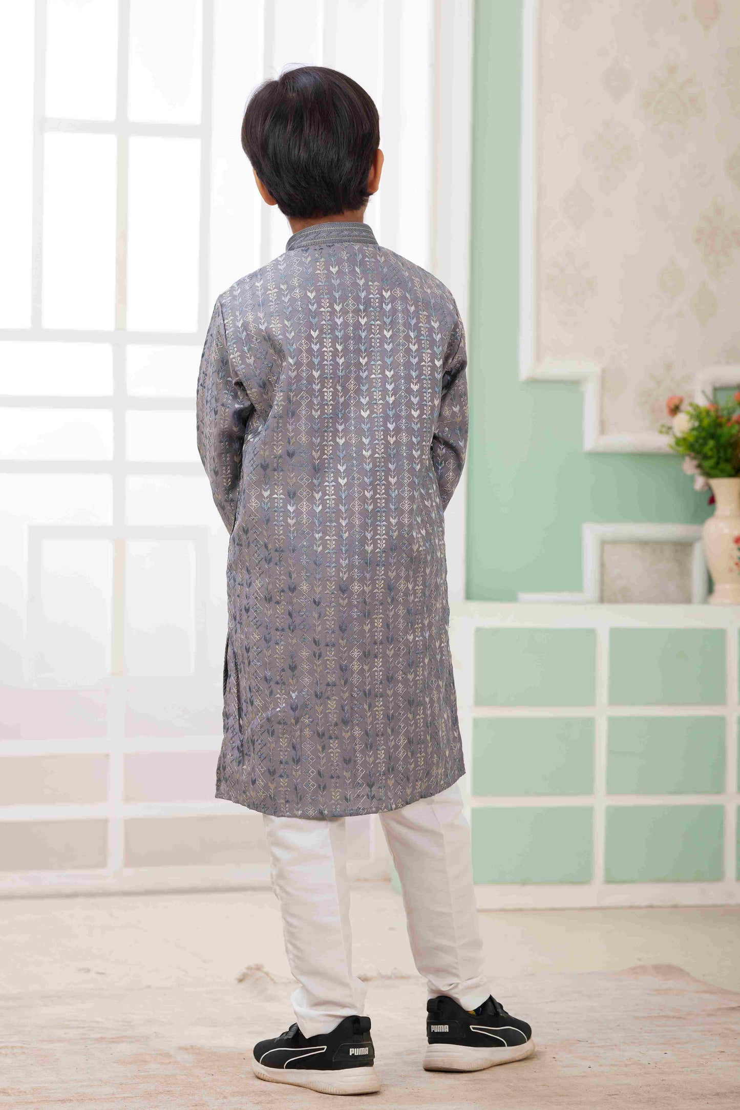 Raivat Ethnic Art Silk Embroidery Work Kids Kurta Pajama In Grey Colour