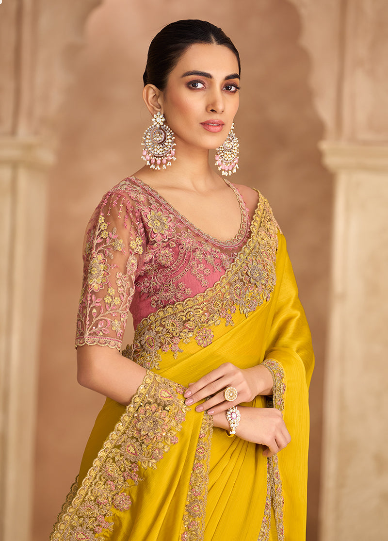 Monjolika Fashion Embroidered Faux Chiffon Satin Yellow Saree