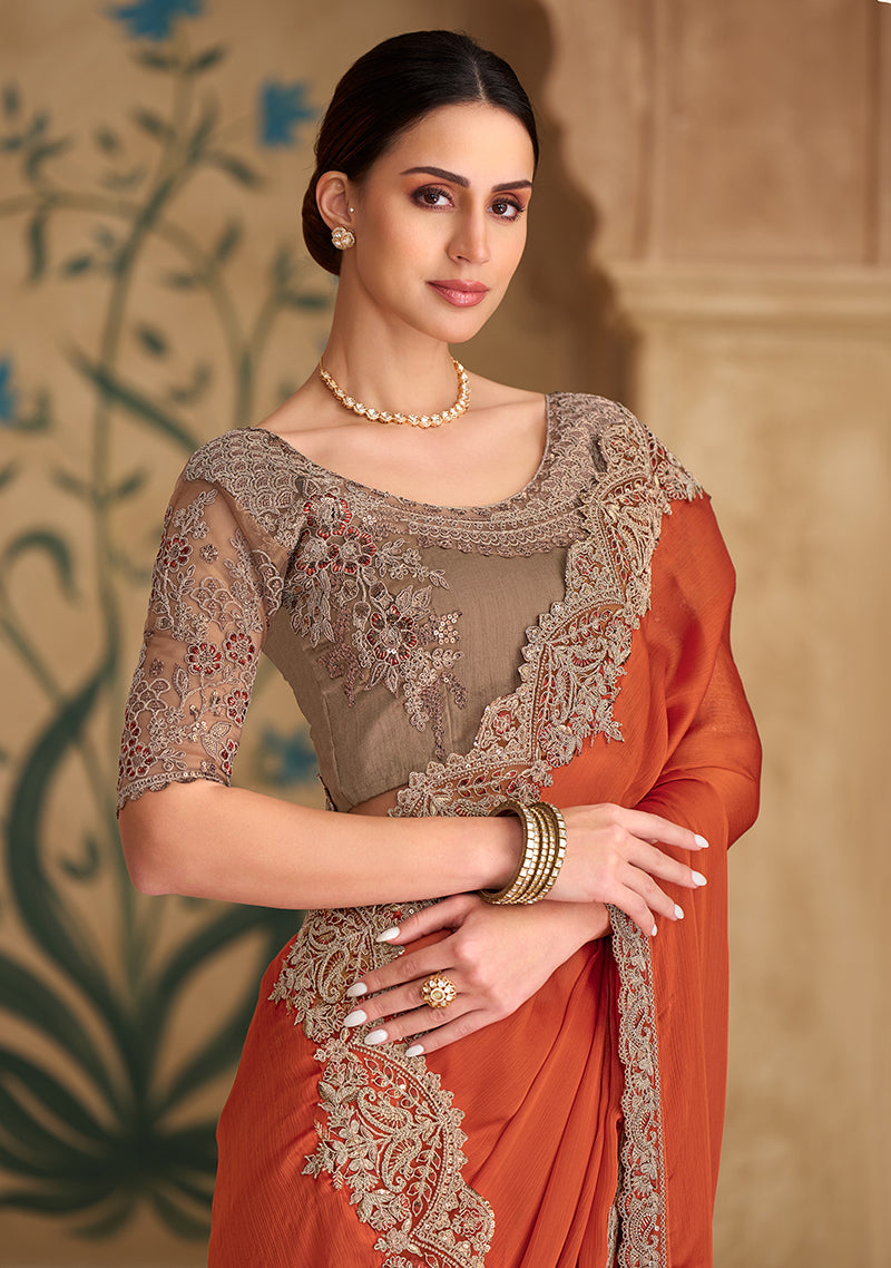 Monjolika Fashion Embroidered Faux Chiffon Satin Orange Saree