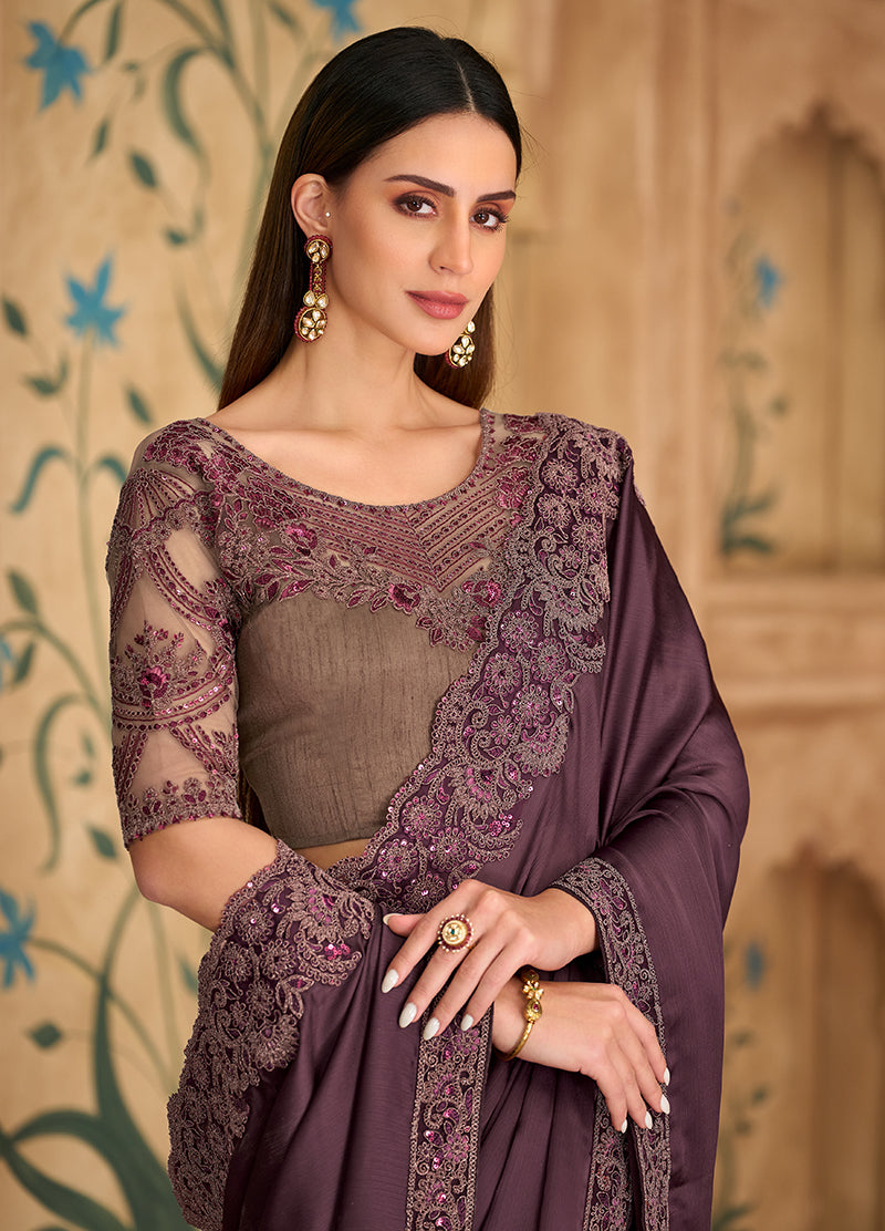 Monjolika Fashion Embroidered Faux Chiffon Satin Wine Saree
