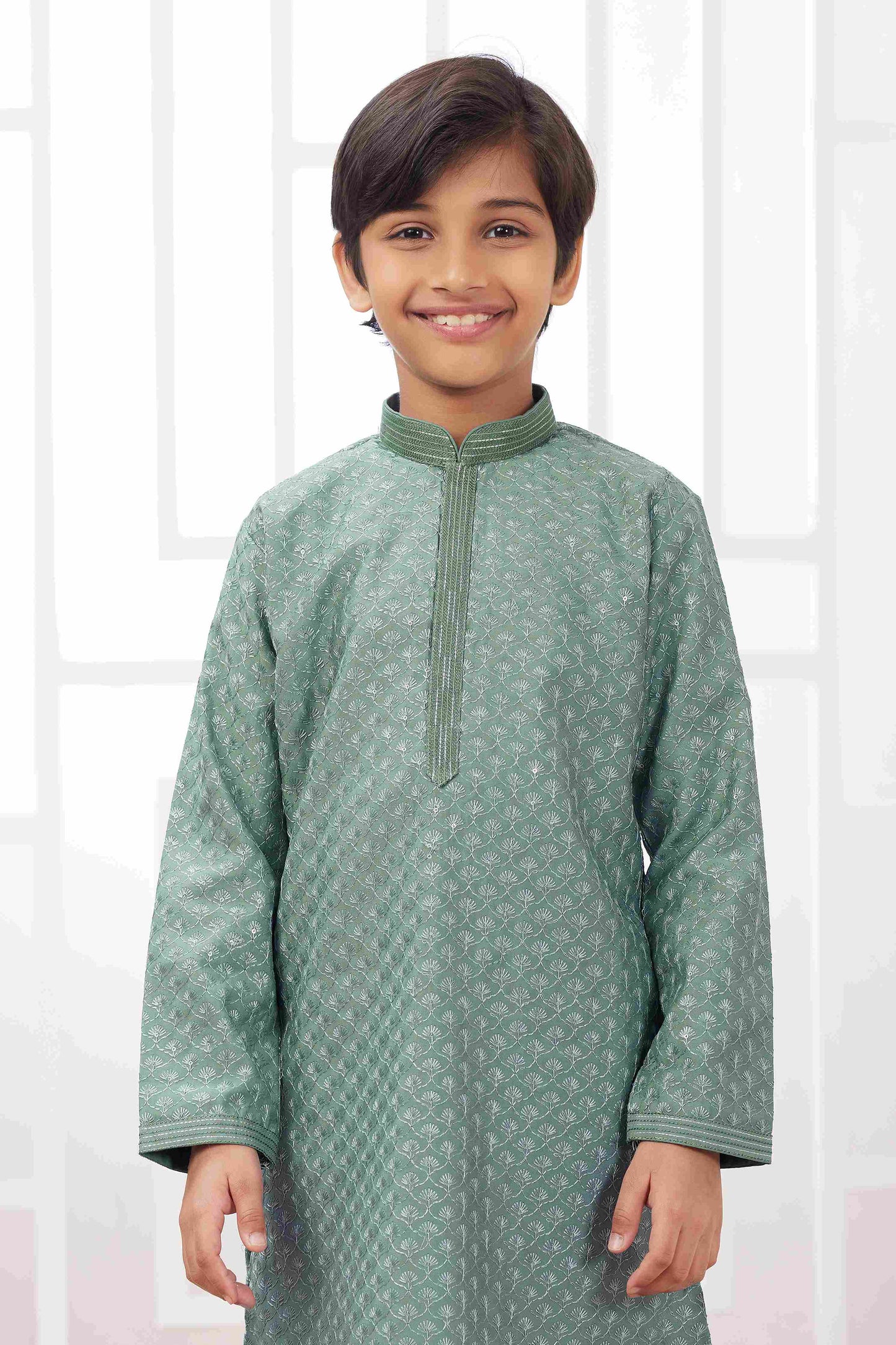 Raivat Ethnic Art Silk Embroidery Work Kids Kurta Pajama In Green Colour