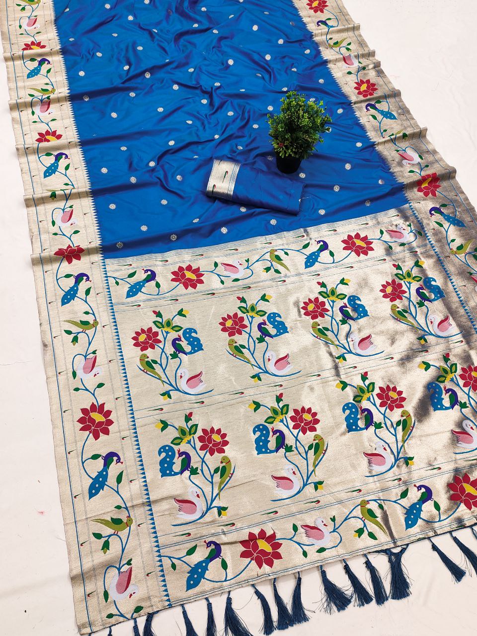 Mameraa Sarees Teal Blue Faux Banarasi Silk Saree With Paithani Rich Weaved Pallu And Blouse-Teal