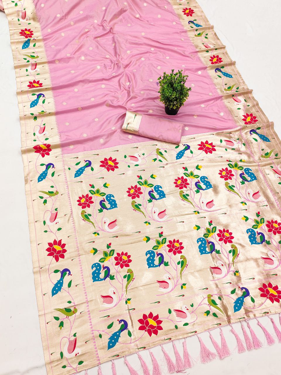 Mameraa Sarees Baby Pink Faux Banarasi Silk Saree With Paithani Rich Weaved Pallu And Blouse-Baby_Pink
