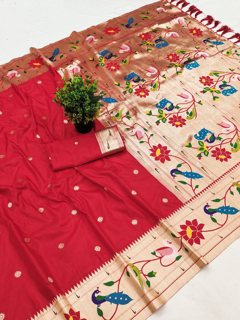 Mameraa Sarees Red Faux Banarasi Silk Saree With Paithani Rich Weaved Pallu And Blouse-Red