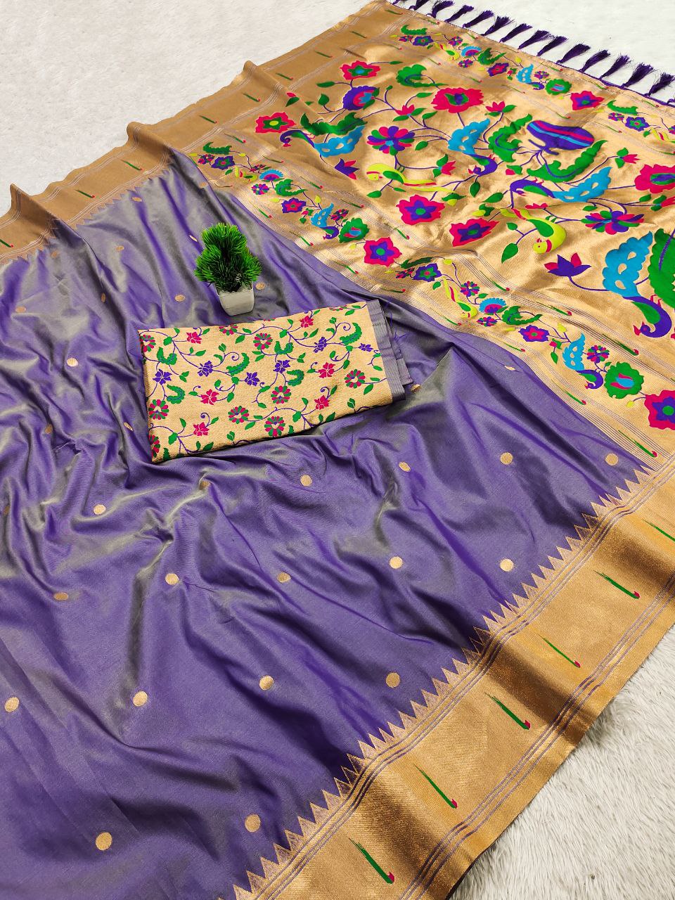 Mameraa Sarees Purple Faux Banarasi Silk Saree With Paithani Rich Weaved Pallu And Blouse-Purple