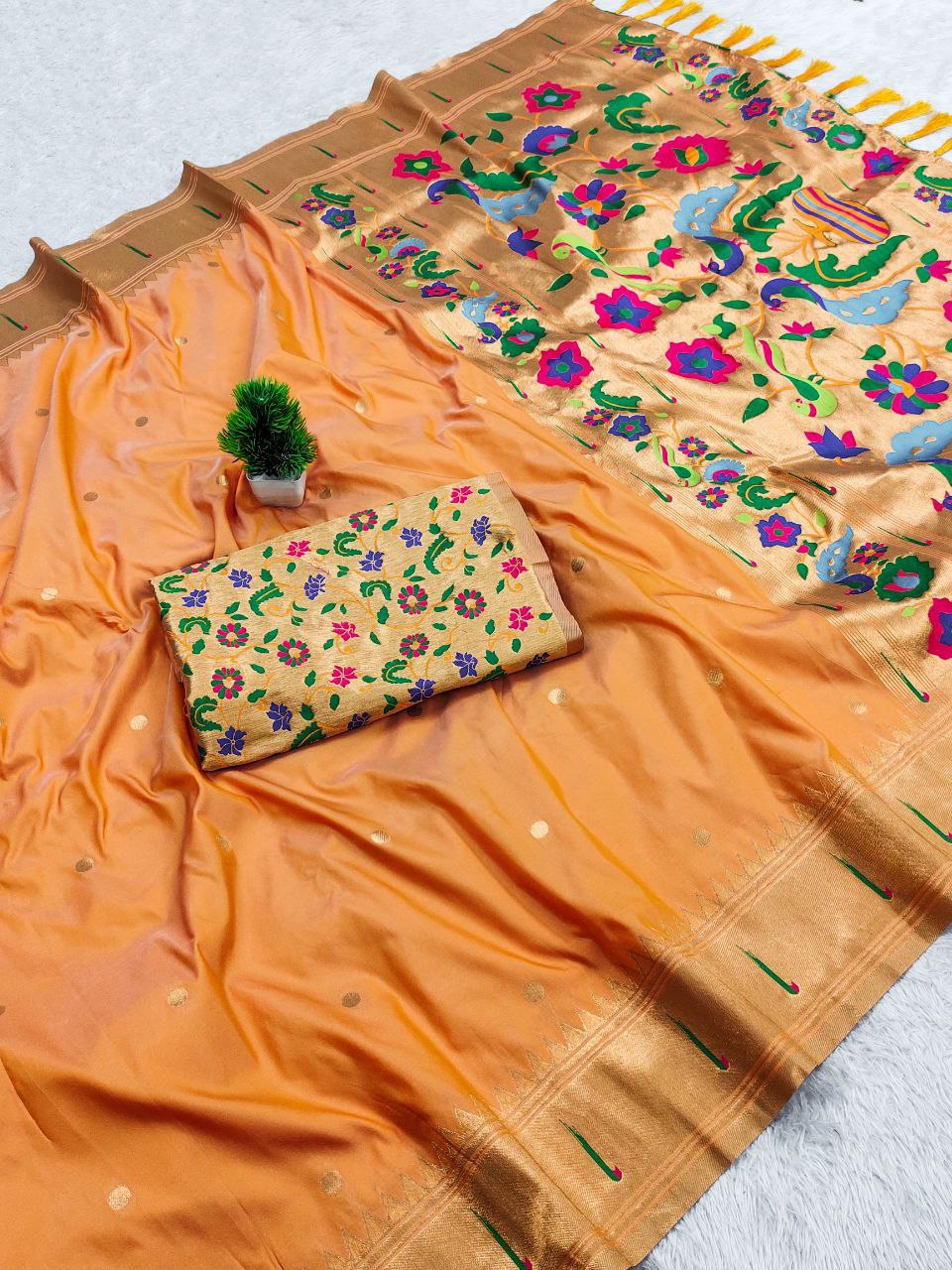 Mameraa Sarees Yellow Faux Banarasi Silk Saree With Paithani Rich Weaved Pallu And Blouse-Yellow