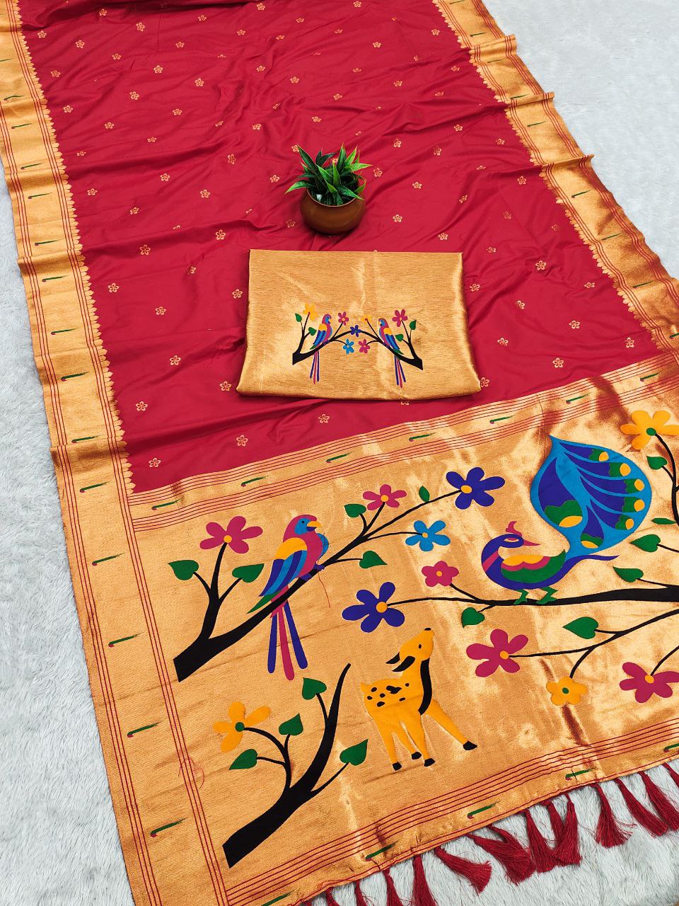 Mameraa Sarees Red Faux Banarasi Silk Saree With Paithani Rich Weaved Pallu And Blouse-Red