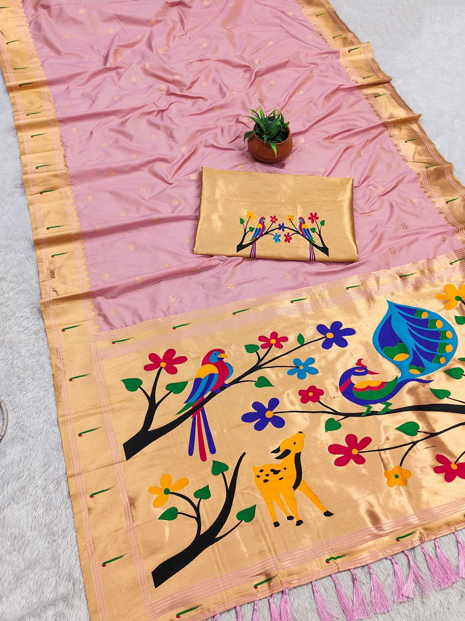 Mameraa Sarees Baby Pink Faux Banarasi Silk Saree With Paithani Rich Weaved Pallu And Blouse-Baby_Pink