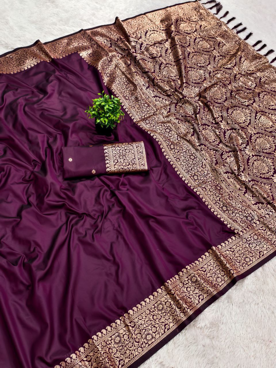 Mameraa Sarees Wine Soft Banarasi Silk Fabric Saree With Natural Zari Weaving In Gala Border-Wine