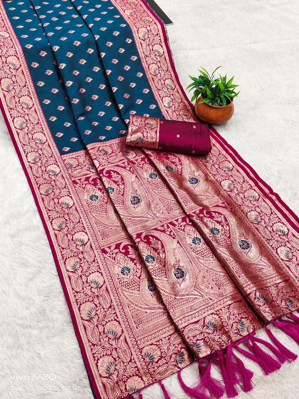Mameraa Sarees Teal Blue Soft Banarasi Silk Saree With Zari Weaving Meenakari Design-Teal