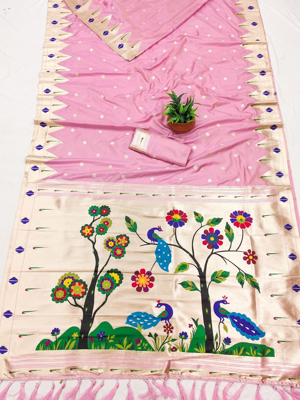 Mameraa Sarees Baby Pink Faux Banarasi Silk Saree With Paithani Rich Weaved Pallu And Blouse-Baby_Pink