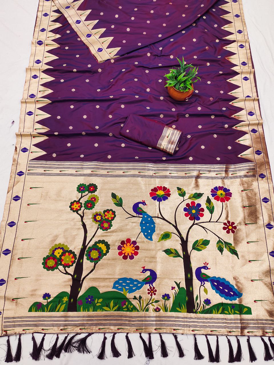 Mameraa Sarees Wine Faux Banarasi Silk Saree With Paithani Rich Weaved Pallu And Blouse-Wine