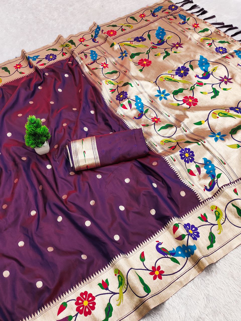 Mameraa Sarees Wine Faux Banarasi Silk Saree With Paithani Rich Weaved Pallu And Blouse-Wine