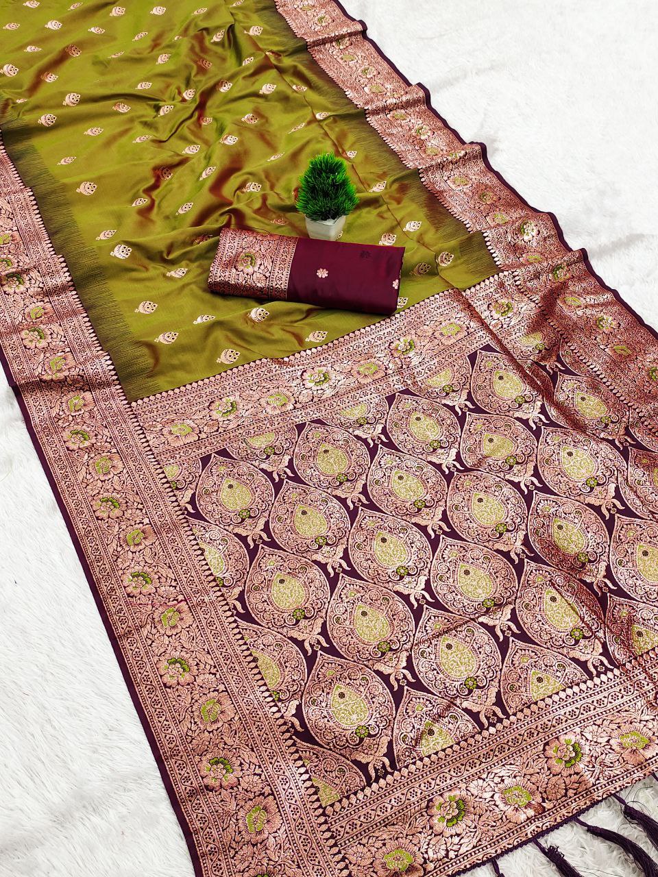 Mameraa Sarees Mehndi Soft Banarasi Silk Saree With Zari Weaving Meenakari Design-Mehendi