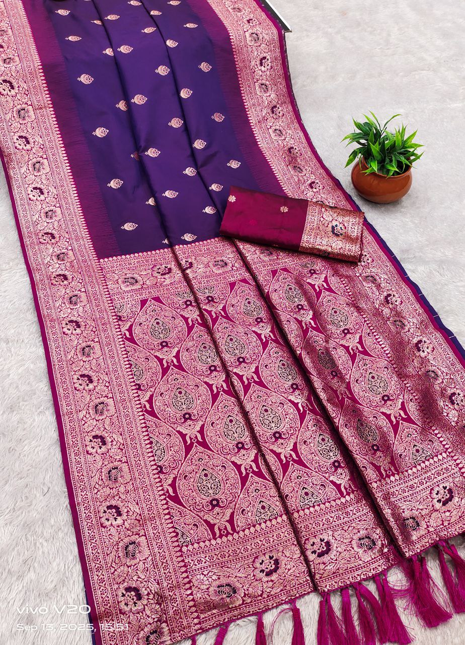 Mameraa Sarees Violet Soft Banarasi Silk Saree With Zari Weaving Meenakari Design-Violet