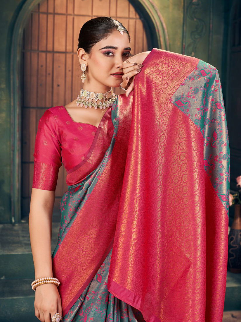 Monjolika Fashion Teal Green and Magenta Pink Soft Banarasi Silk Blend Saree With Blouse Piece