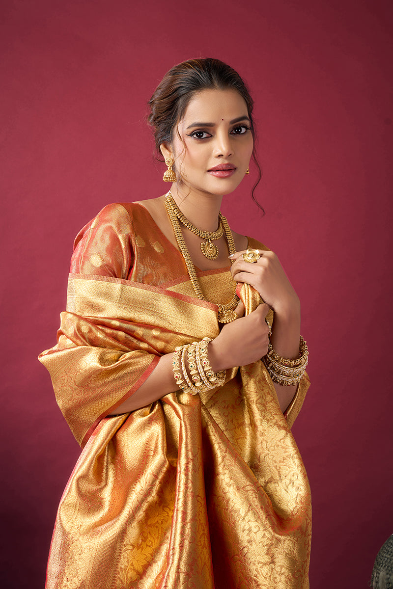 Monjolika Fashion Orange Soft Banarasi Tissue Silk Blend Weaving Saree With Blouse Piece