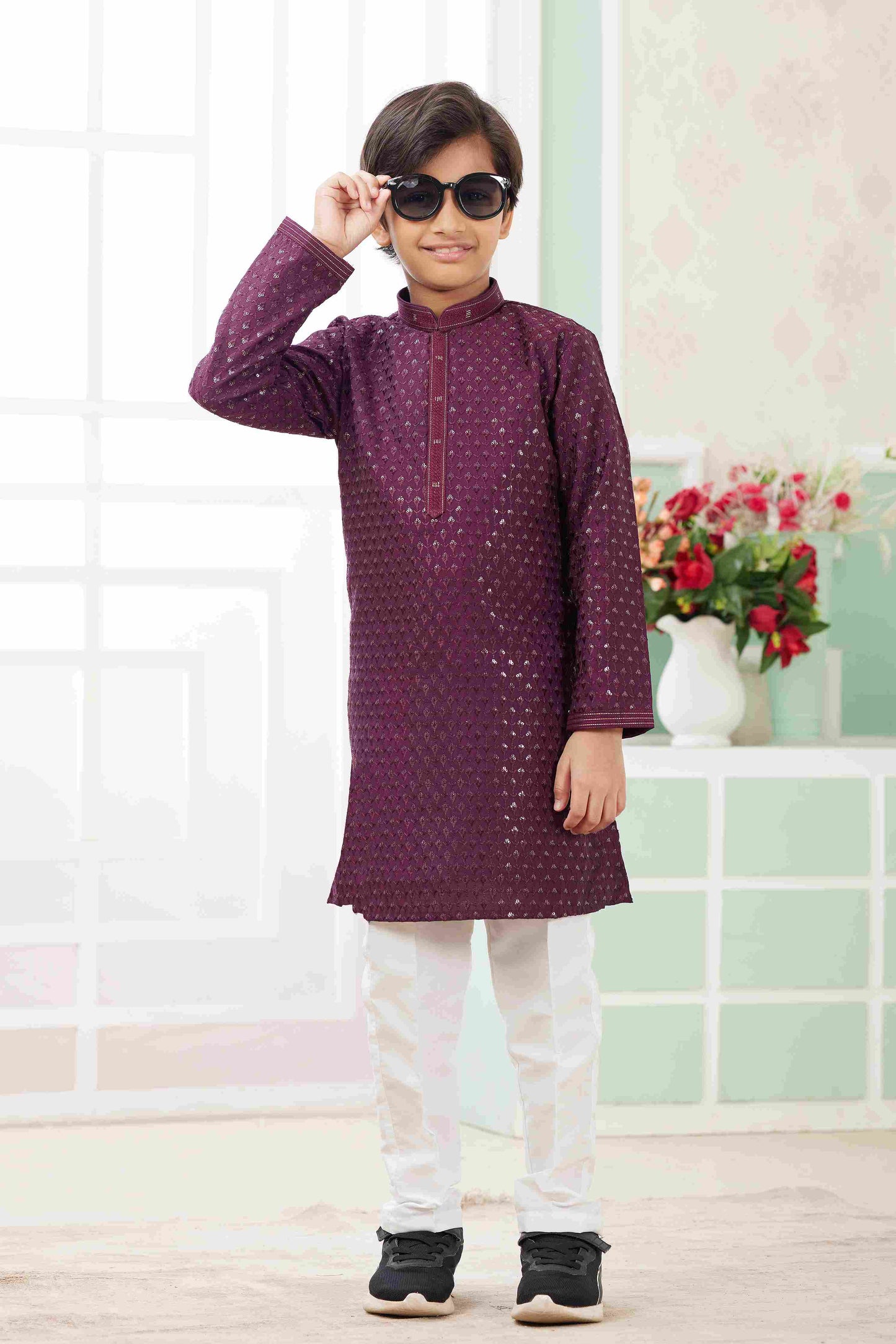 Raivat Ethnic Art Silk Embroidery Work Kids Kurta Pajama In Wine Colour