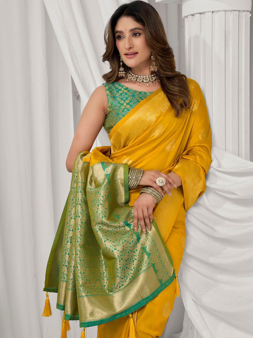 Monjolika Fashion Mustard Soft Banarasi Silk Blend Zari Woven Saree with Blouse Piece
