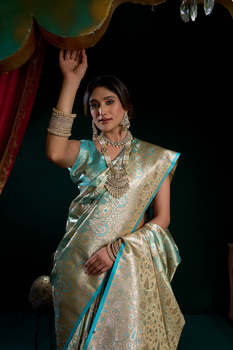Monjolika Fashion Sea Green Soft Banarasi Satin Silk With Gold Zari Saree With Blouse Piece