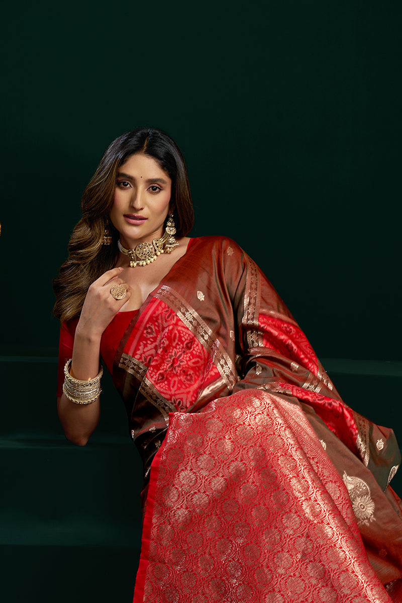 Monjolika Fashion Dark Brown Soft Banarasi Silk Blend Zari Weaving Saree With Blouse Piece