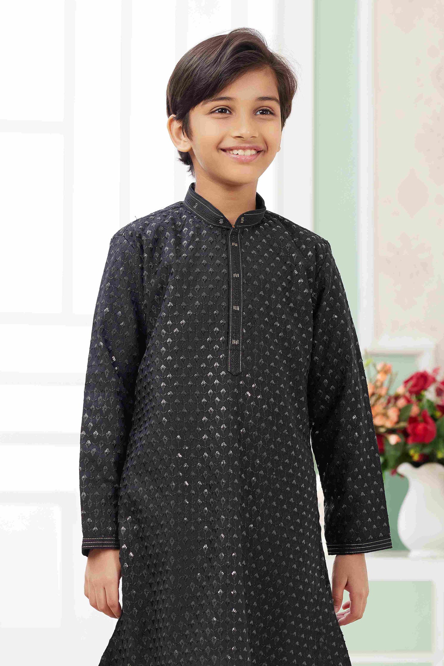Raivat Ethnic Art Silk Embroidery Work Kids Kurta Pajama In Black Colour