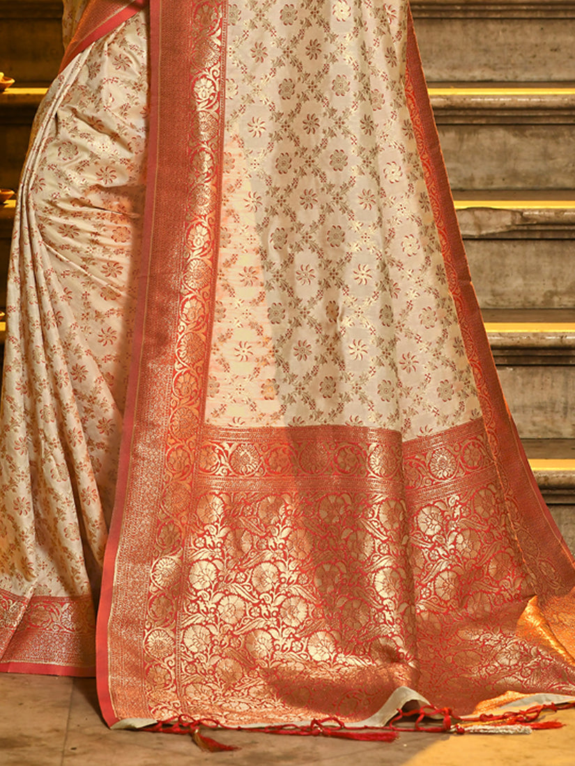 Monjolika Fashion Cream Banarasi Silk Blend Saree with Red Zari Border