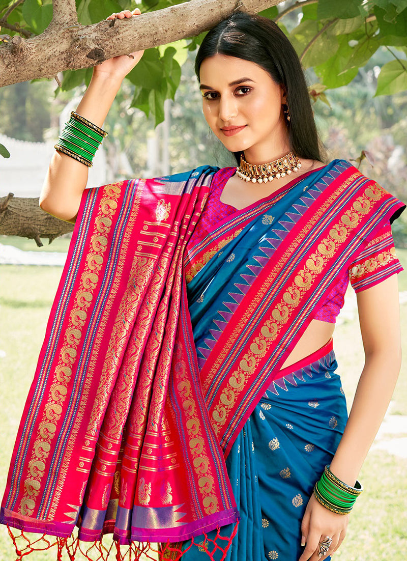 Monjolika Fashion Royal Blue & Rani Pink Banarasi Silk Blend Saree with Zari Woven Border