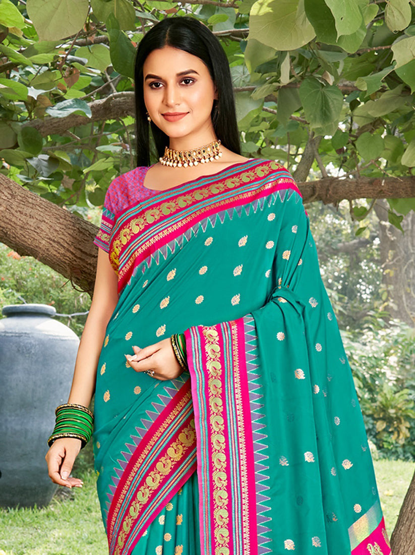 Monjolika Fashion Teal & Rani Pink Banarasi Silk Blend Saree with Zari Woven Border