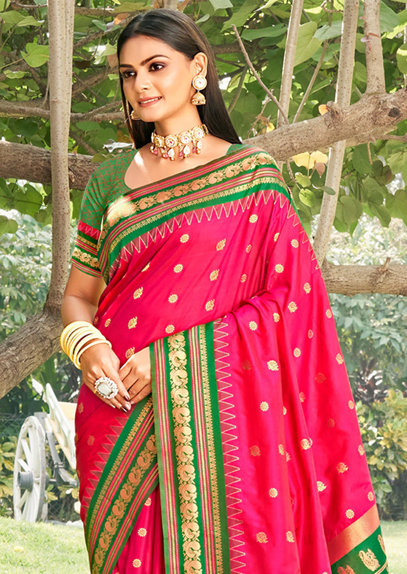 Monjolika Fashion Rani Pink & Green Banarasi Silk Blend Saree with Zari Woven Border