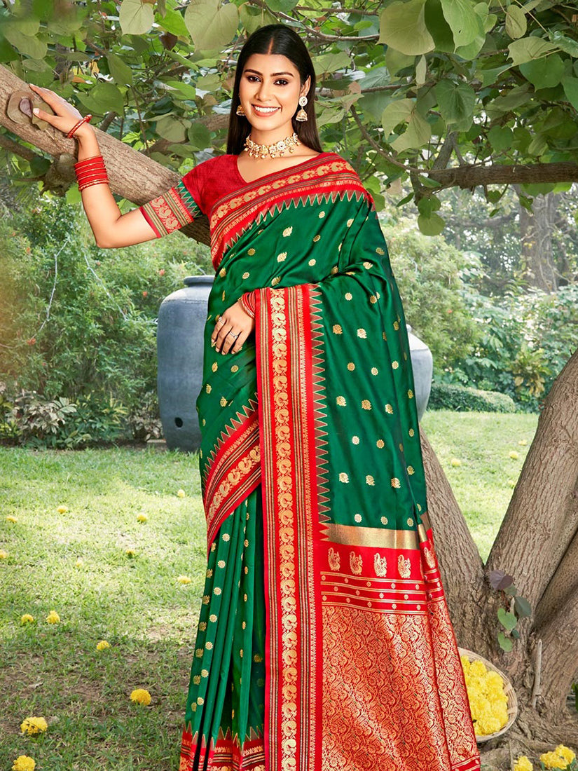 Monjolika Fashion Dark Green & Red Banarasi Silk Blend Saree with Zari Woven Border