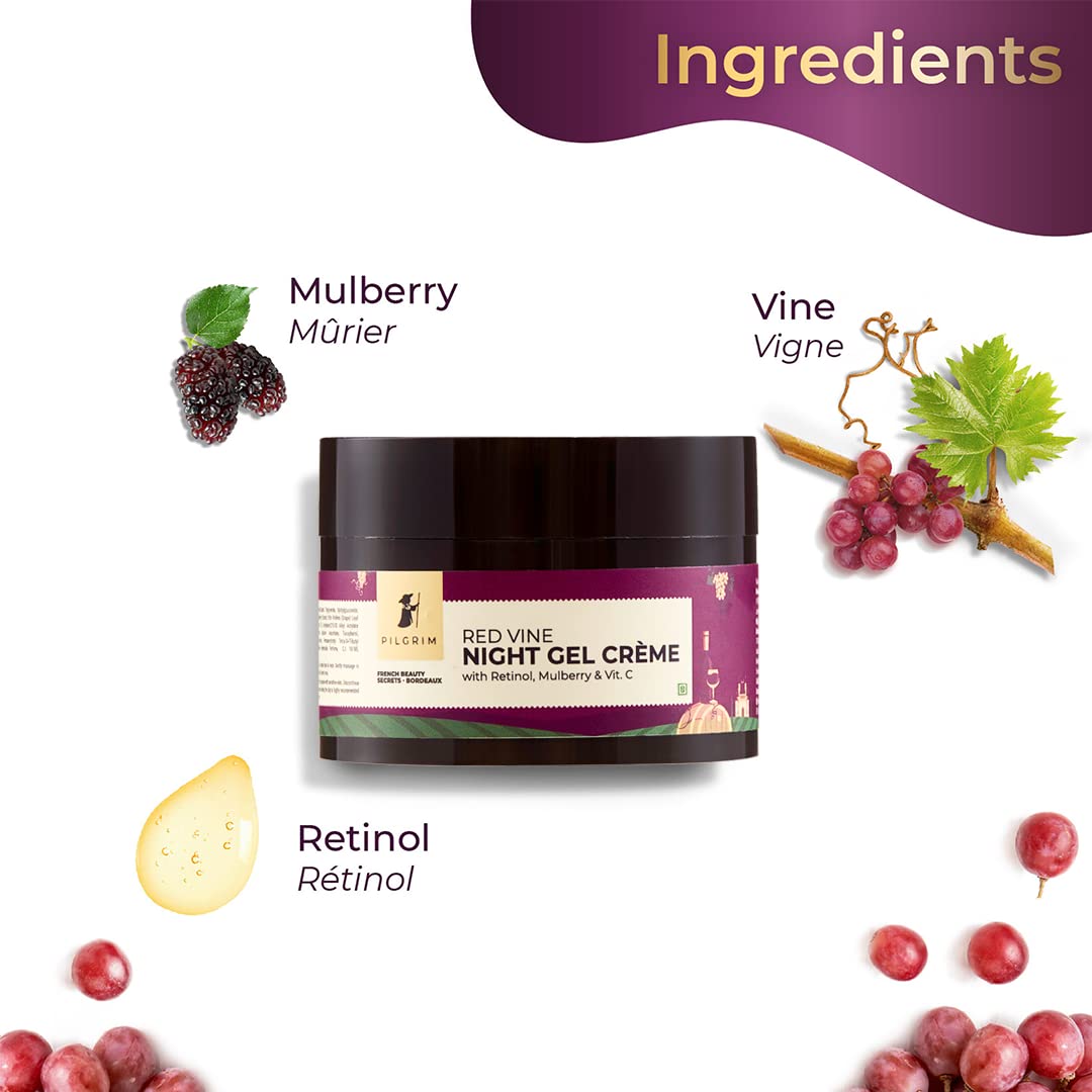 PILGRIM French Red Vine Face Wash 100ml, Face Cream SPF 30 50gm, & Night Gel Creme 50gm