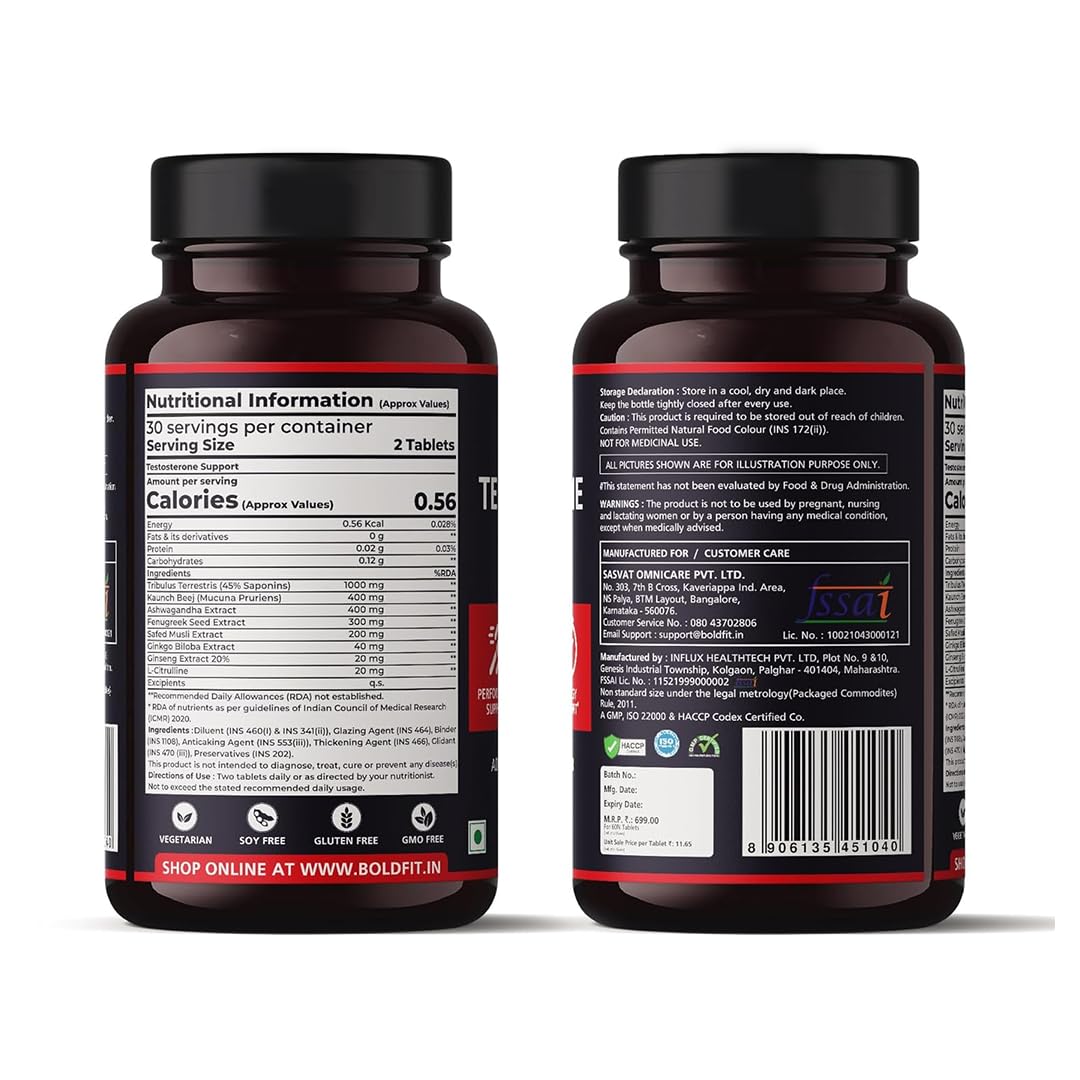 Boldfit Testosterone Booster Supplement for Men with Ashwagandha, Ginseng, Kaunch Beej & Tribulus Terrestris Testo booster for Energy, Strength, Muscle Growth, Stamina & Performance Pre & Post Workout Supplement- 60 Testo Tablet