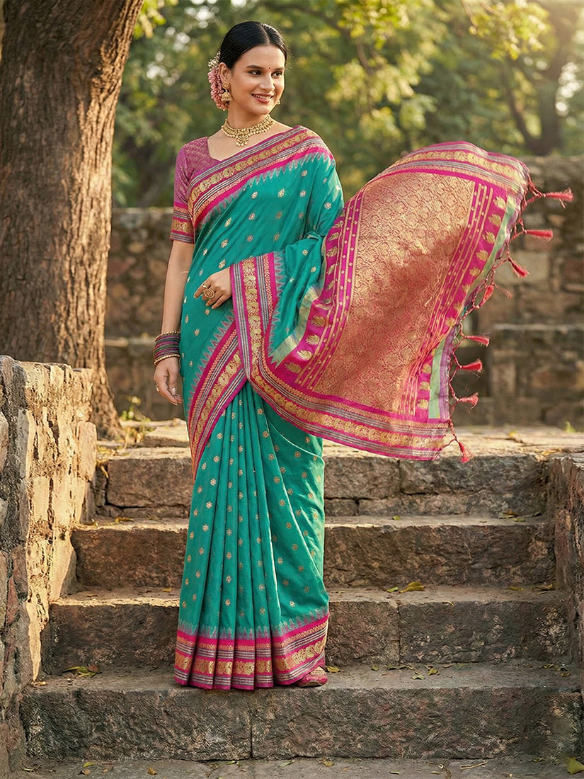 Monjolika Fashion Sea Green Banarasi Silk Blend Saree with Magenta Pink Zari Border