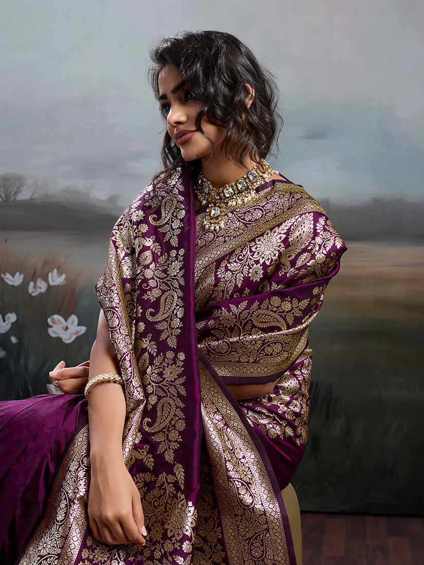 Monjolika Fashion Wine Purple Banarasi Silk Blend Saree With Rich Gold Zari Weaving