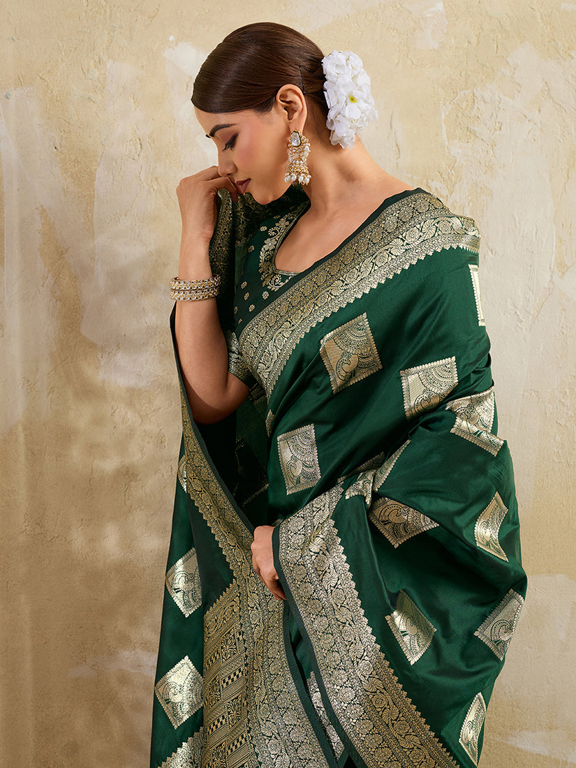Monjolika Fashion Dark Green Zari Woven Banarasi Silk Blend Saree With Blouse Piece