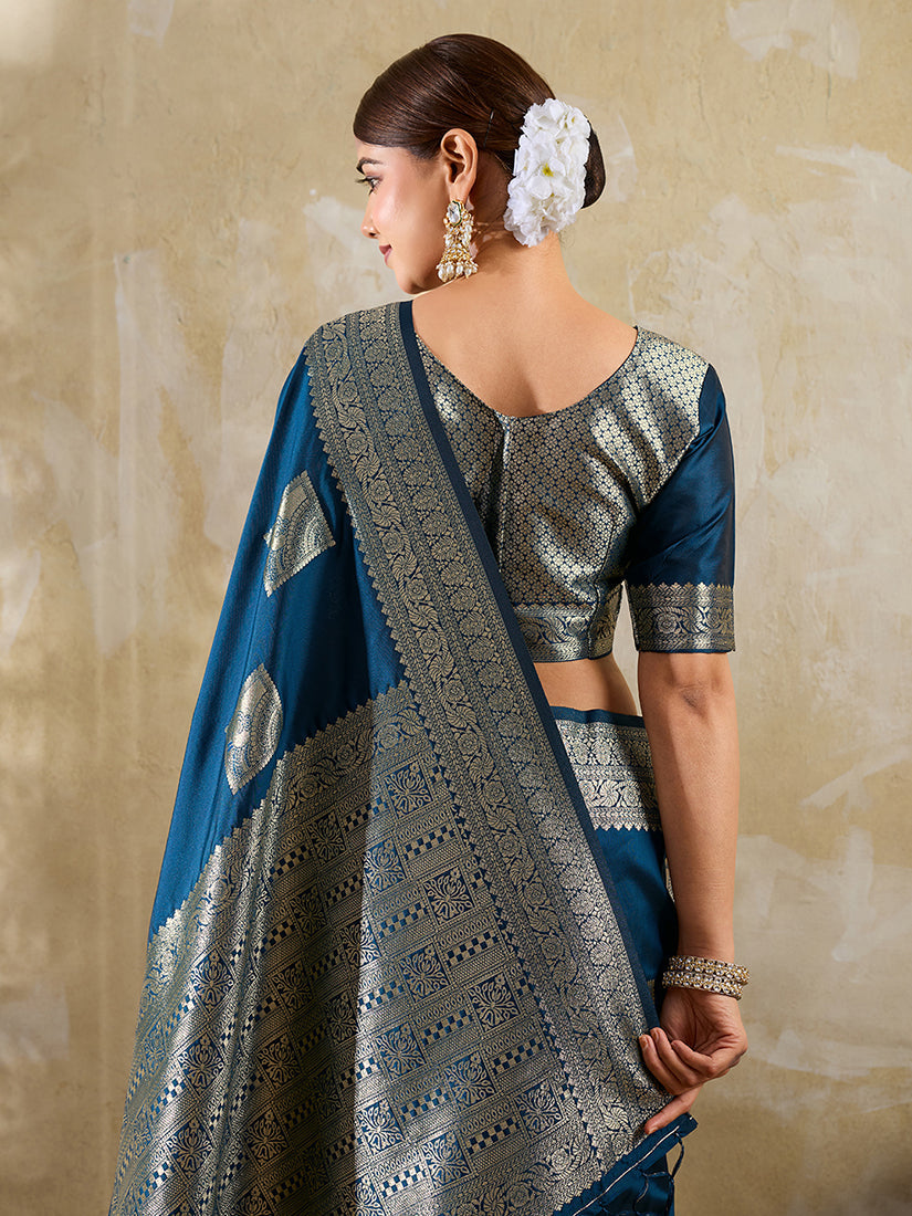 Monjolika Fashion Navy Blue Zari Woven Banarasi Silk Blend Saree With Blouse Piece