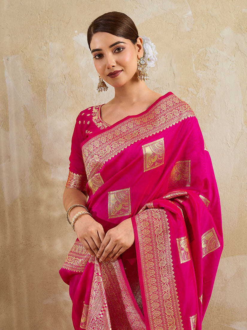 Monjolika Fashion Rani Pink Zari Woven Banarasi Silk Blend Saree With Blouse Piece