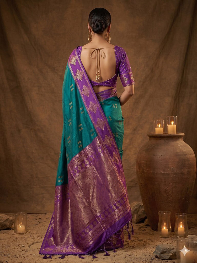 Monjolika Fashion Teal Blue Zari Woven Banarasi Silk Blend Saree with Blouse Piece