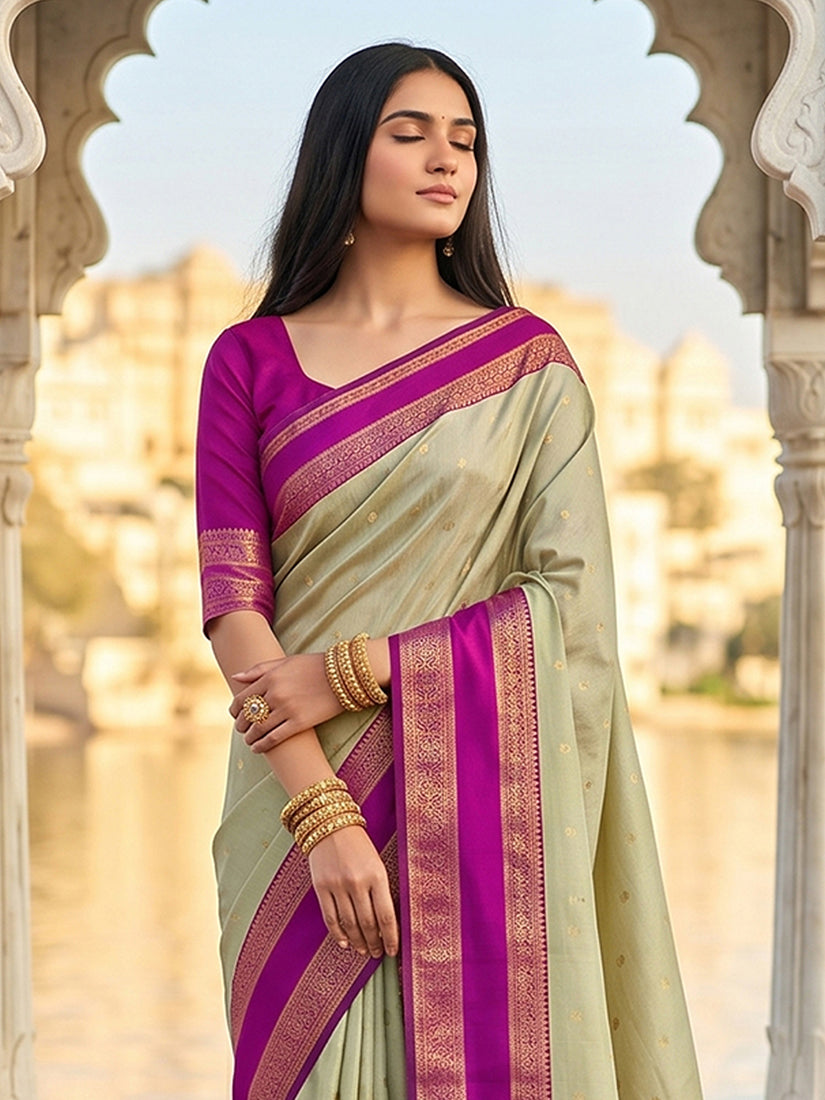 Monjolika Fashion Light Sage Green & Magenta Zari Woven Banarasi Silk Blend Saree