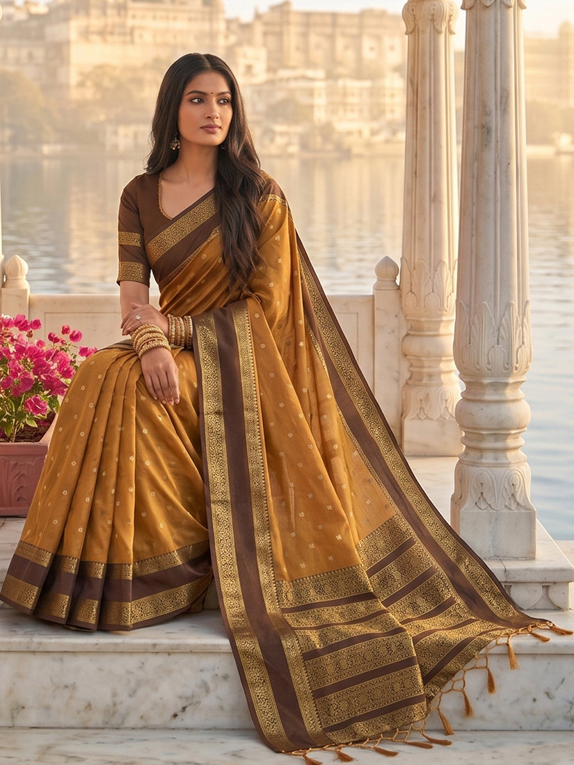 Monjolika Fashion Rust & Brown Zari Woven Banarasi Silk Blend Saree
