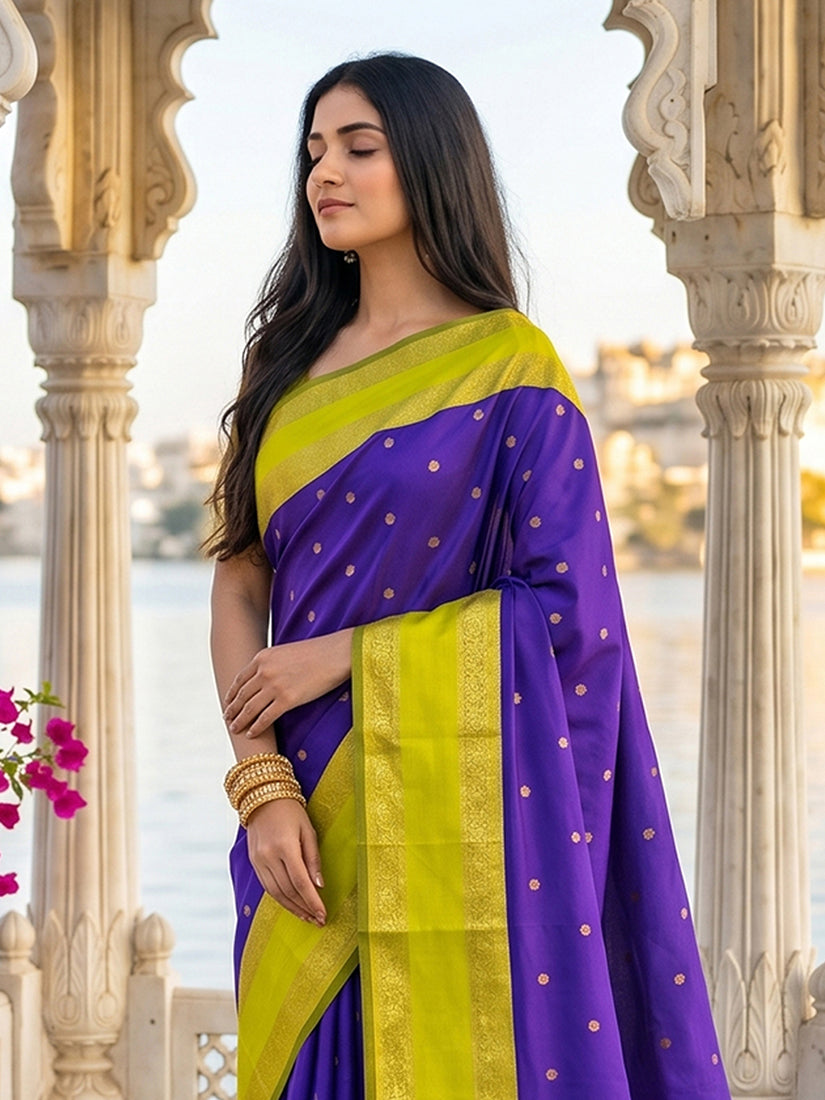 Monjolika Fashion Purple & Lime Green Zari Woven Banarasi Silk Blend Saree