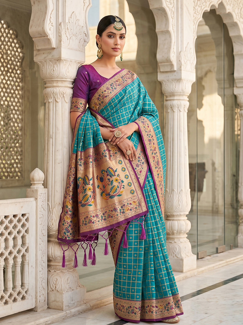 Monjolika Fashion Aqua Blue Banarasi Silk Blend Saree With Paithani Floral Pallu