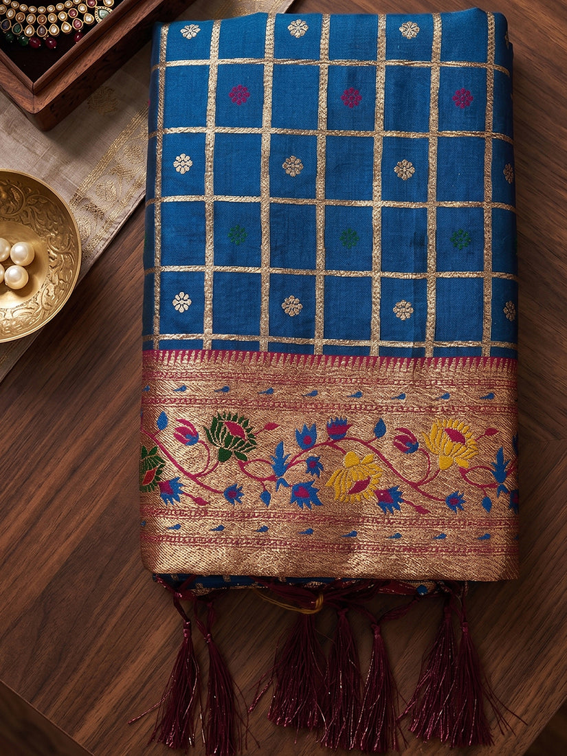 Monjolika Fashion Steel Blue Banarasi Silk Blend Saree With Paithani Floral Pallu